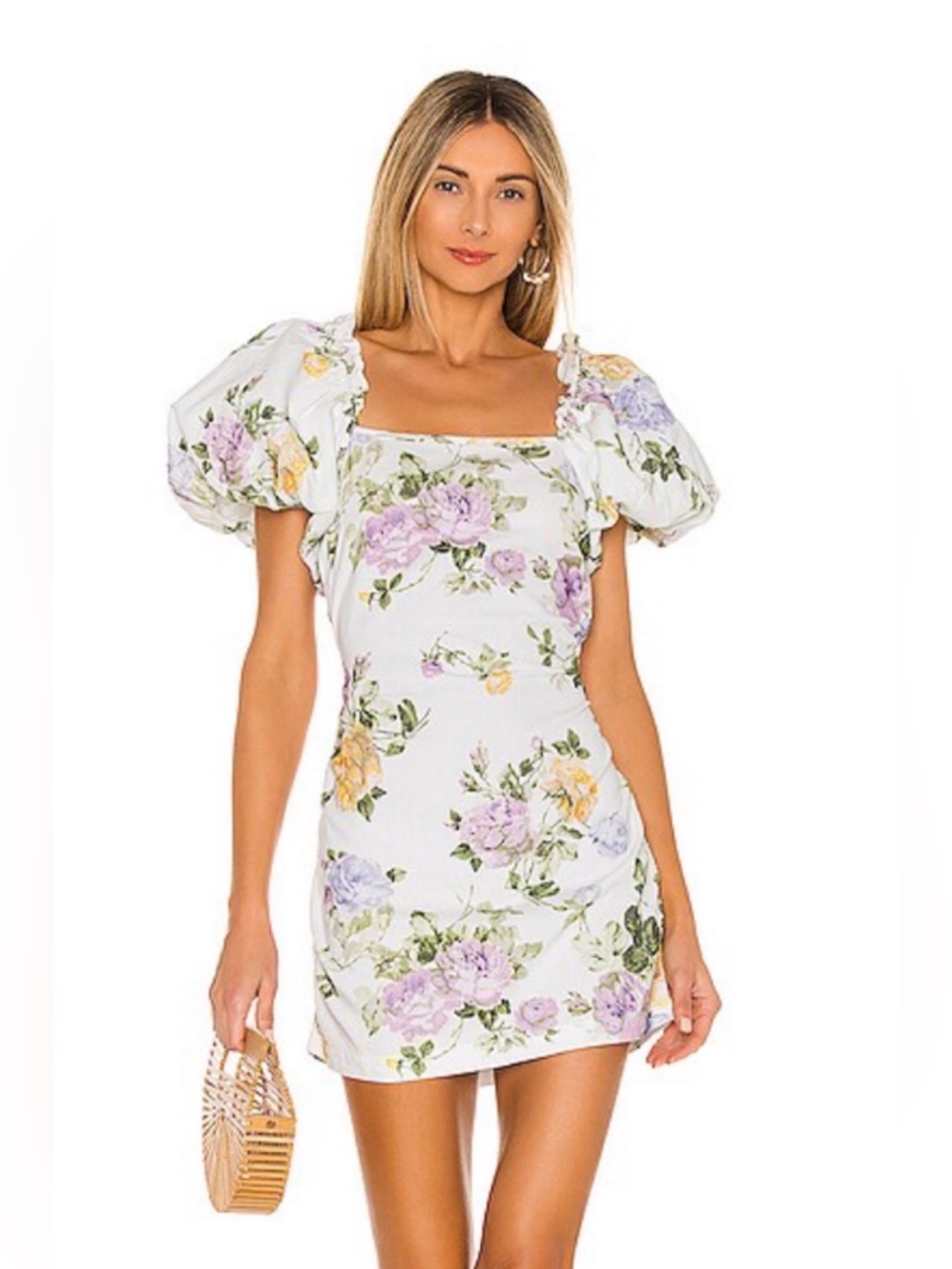 LoveShackFancy White Floral Puff Sleeve Mini Dress with Lavender & Yellow Roses